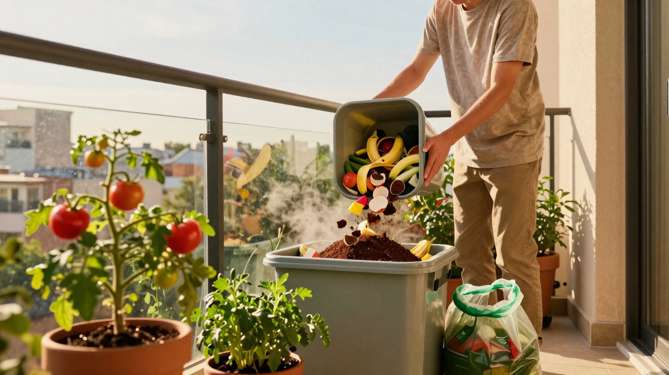 Person emptying fruit and vegetable scraps into a compost bin on a balcony with potted plants nearby.