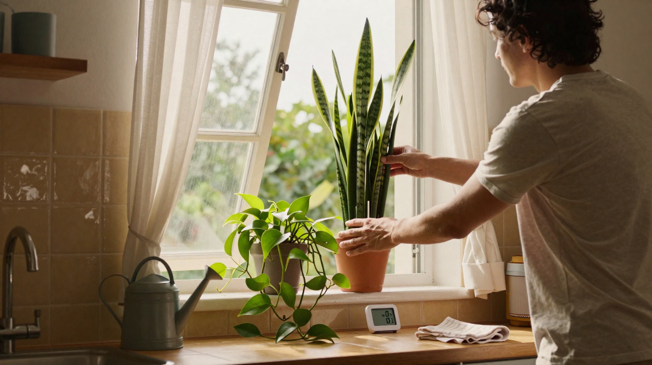 Person adjusting a tall potted plant on a kitchen windowsill beside another green plant and a watering can.