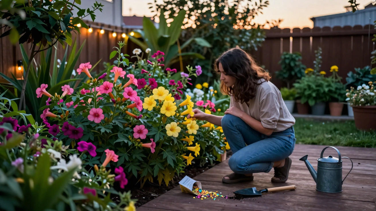 Woman tending colourful flowers in a garden at sunset with gardening tools on wooden deck