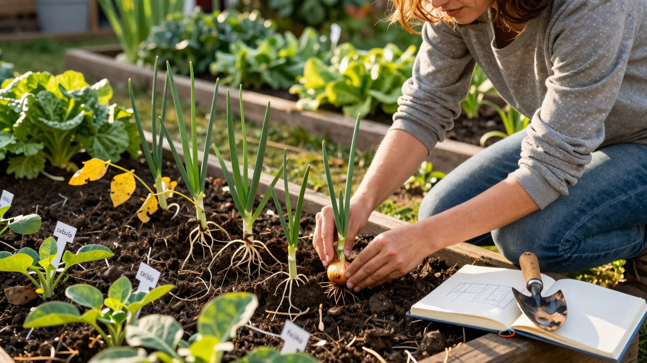 Person planting onions in a raised garden bed with labelled plants and a gardening journal nearby.