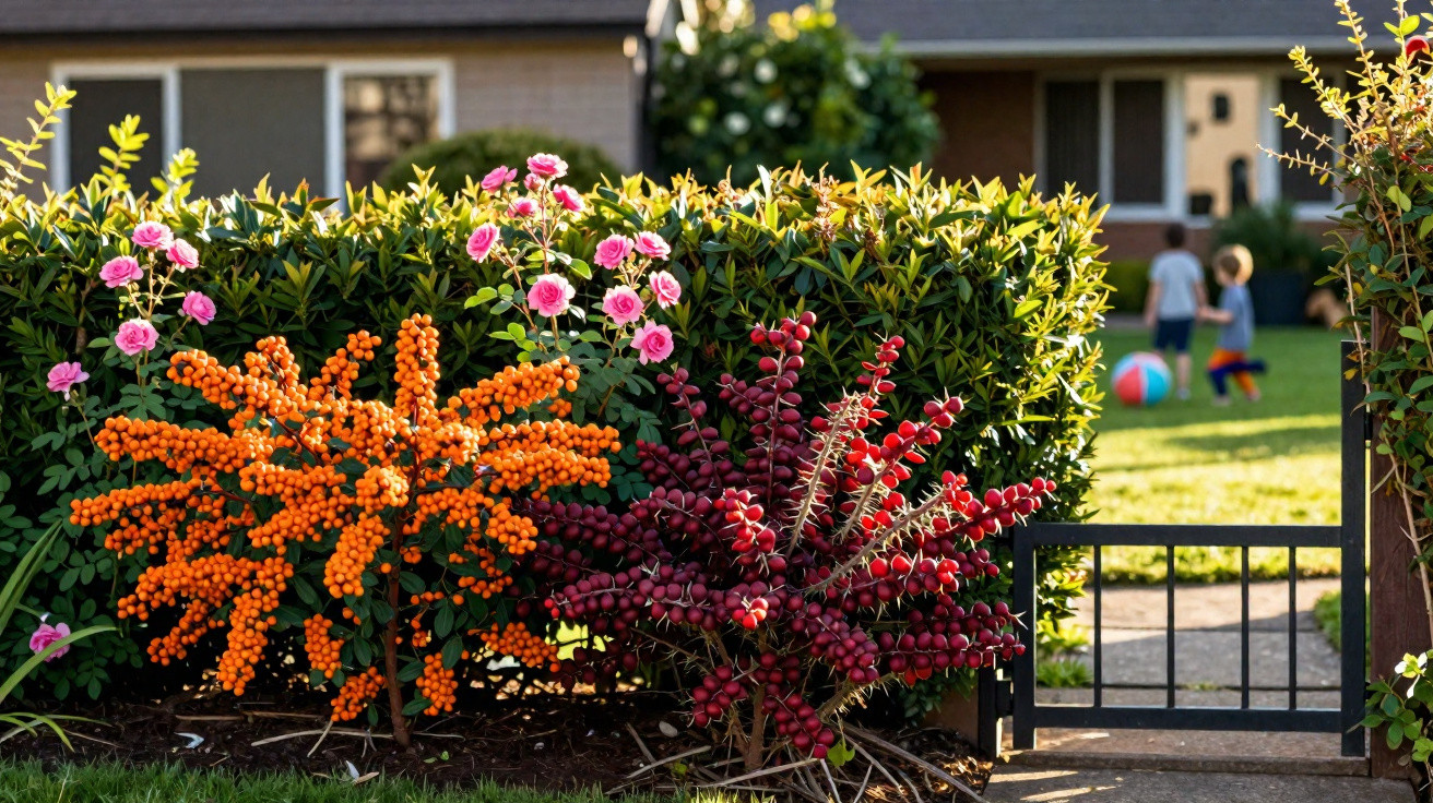 Orange and red berry bushes with pink flowers in front of a garden gate, children playing with a ball in the background.
