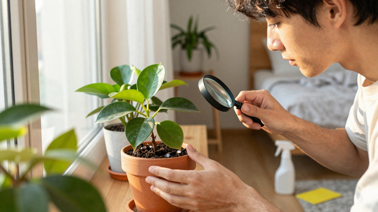 Man examining a potted green plant with a magnifying glass by a sunny window indoors