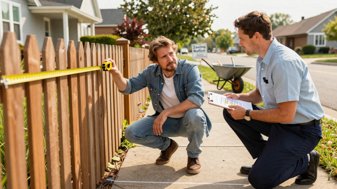 Two men measuring a wooden fence on a sidewalk with a zoning notice sign in the background.