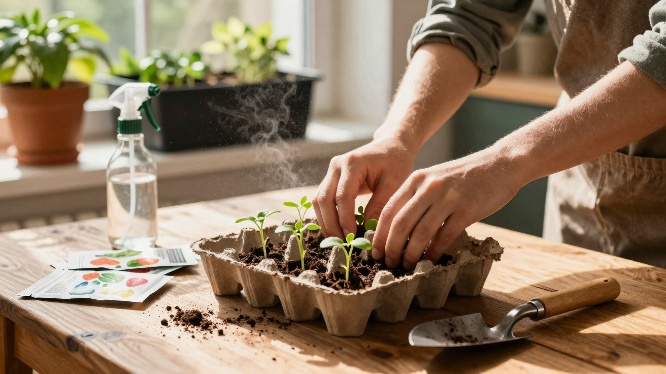 Hands planting seedlings in soil-filled seed tray on wooden table with gardening tools and sprayer nearby.