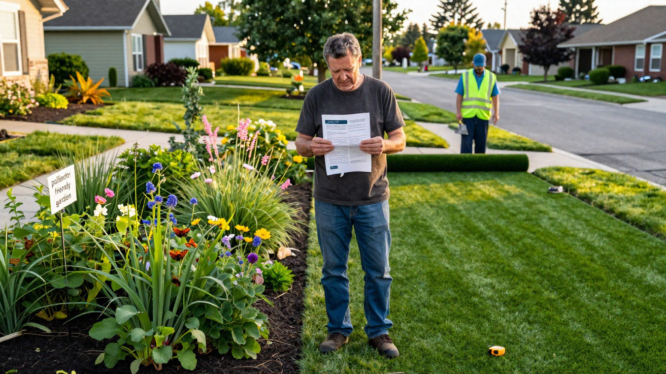 Man reading instructions in front of a flower garden with a worker rolling out turf on a suburban lawn.