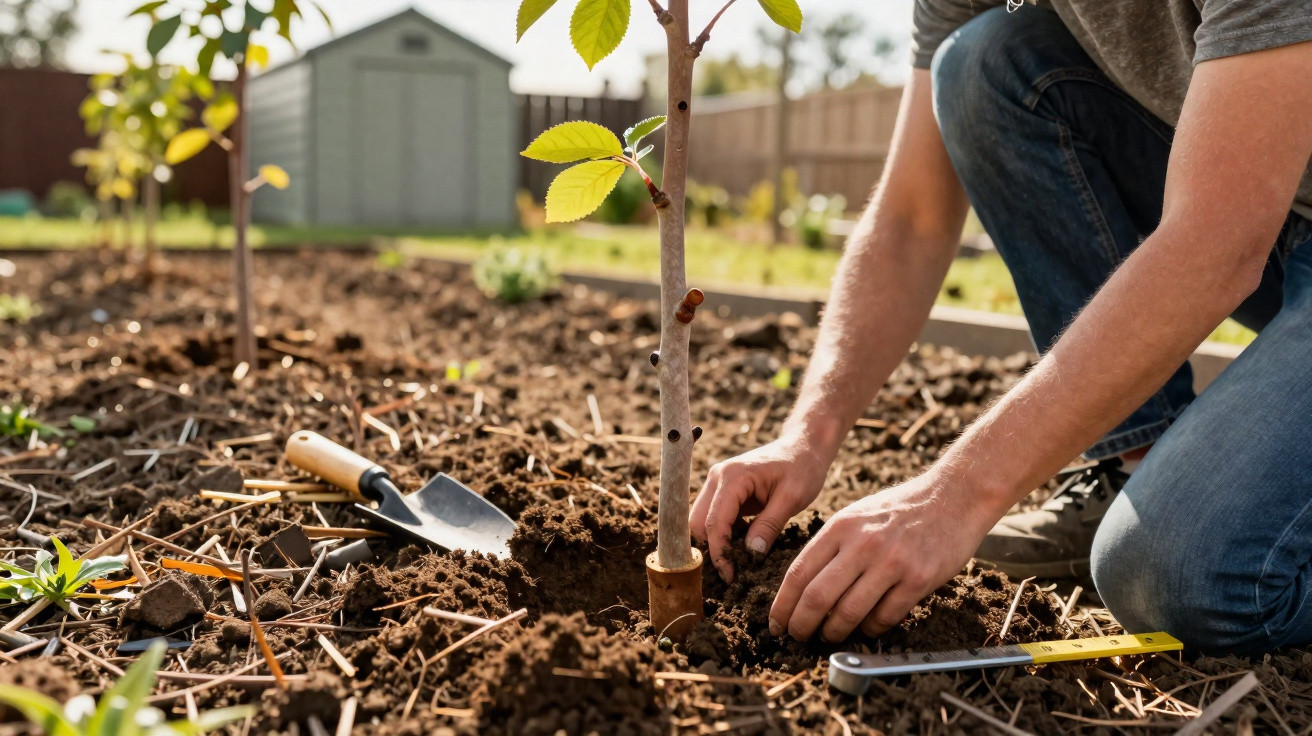 Person planting a young tree in a garden bed with gardening tools nearby on a sunny day.