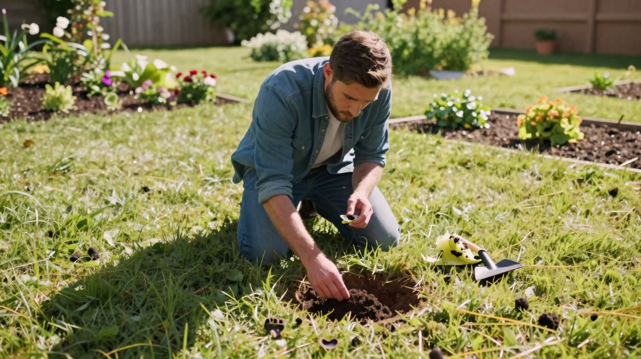 Man kneeling on grass planting seeds in soil in a garden on a sunny day