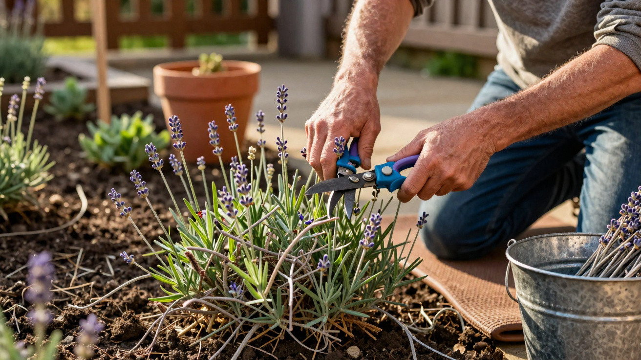 Person pruning lavender plants in a garden bed using blue-handled garden shears on a sunny day.