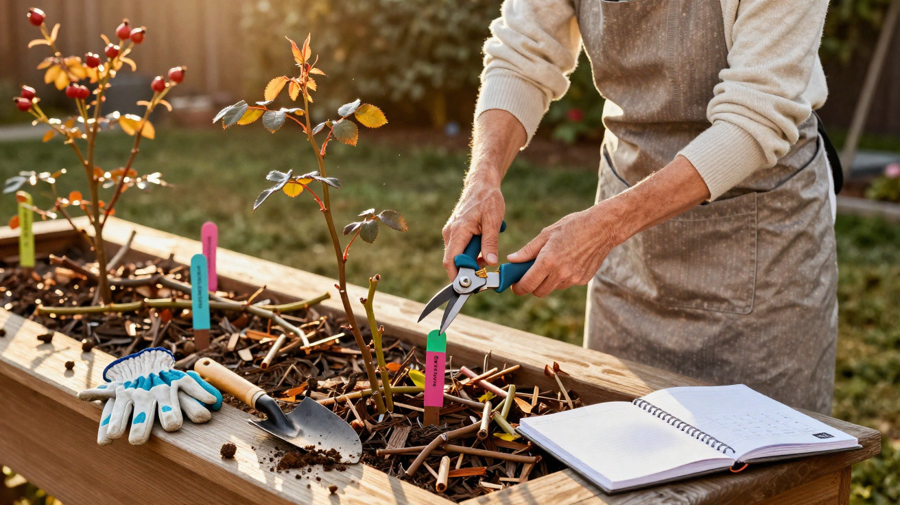 Person pruning rose plants in a raised garden bed with gardening tools and a notebook nearby.