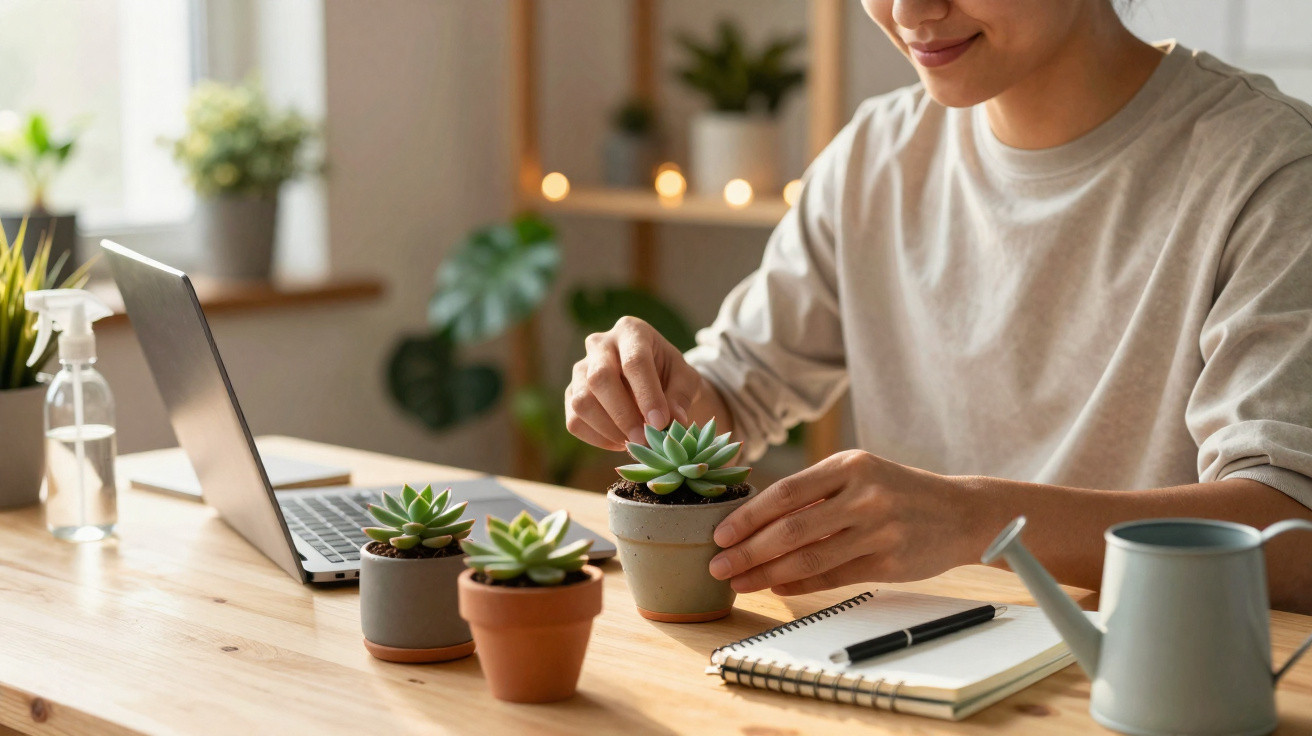 Person tending to small potted succulents on a wooden desk with laptop, notebook, watering can, and spray bottle.