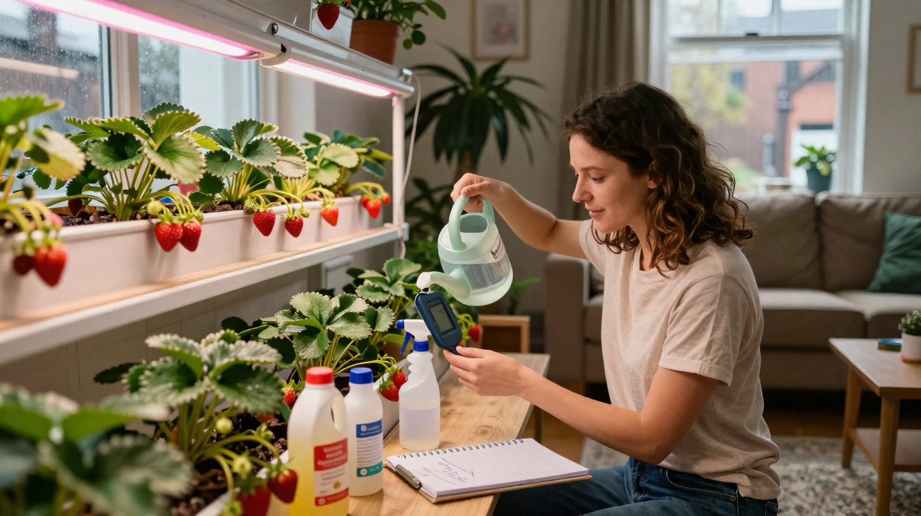 Woman watering indoor strawberry plants using a watering can and moisture meter in a living room.