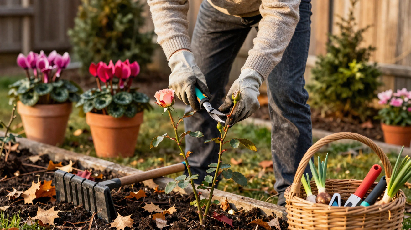 Person pruning a rose plant in a garden bed with gardening tools and flowers in pots nearby.