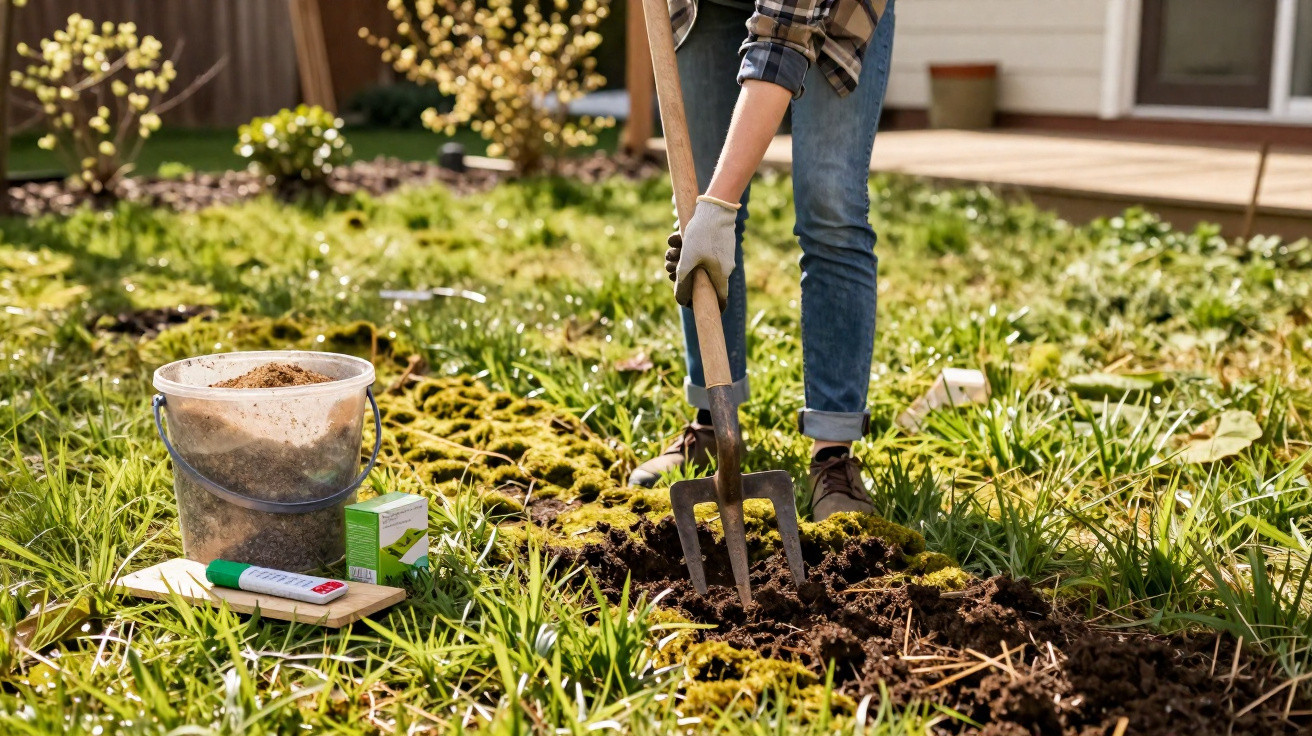 Person using a garden fork to dig soil in a garden with gardening tools and supplies nearby.