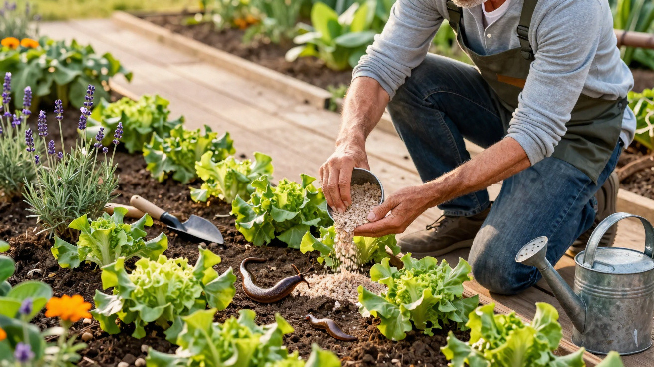 Person fertilising soil in a vegetable garden bed with green lettuce and gardening tools nearby.