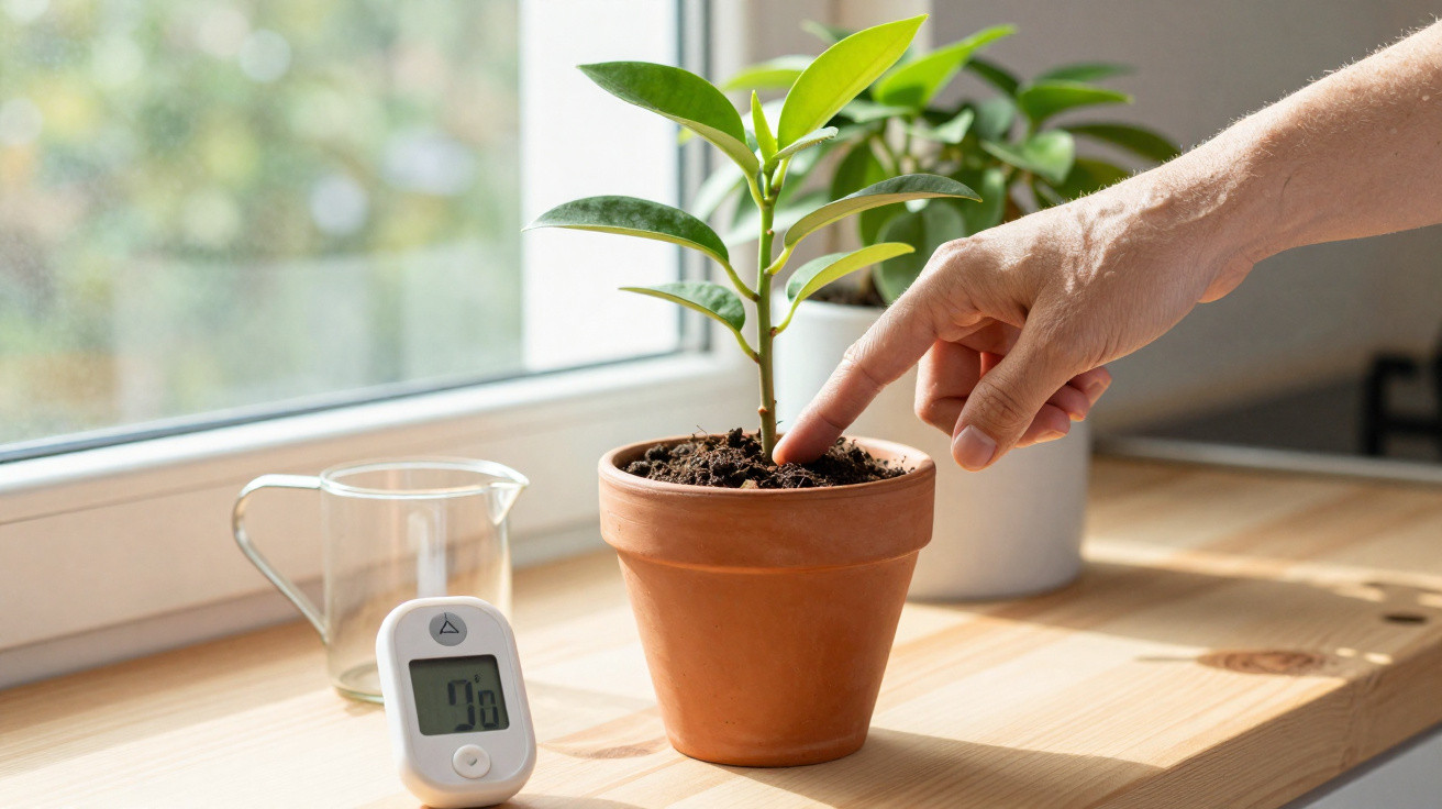 Hand touching soil in a small potted plant on a wooden windowsill with a moisture meter and glass jug nearby.