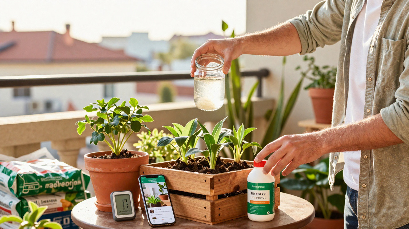 Person fertilising potted and boxed plants on a balcony table with gardening supplies and a smartphone nearby.