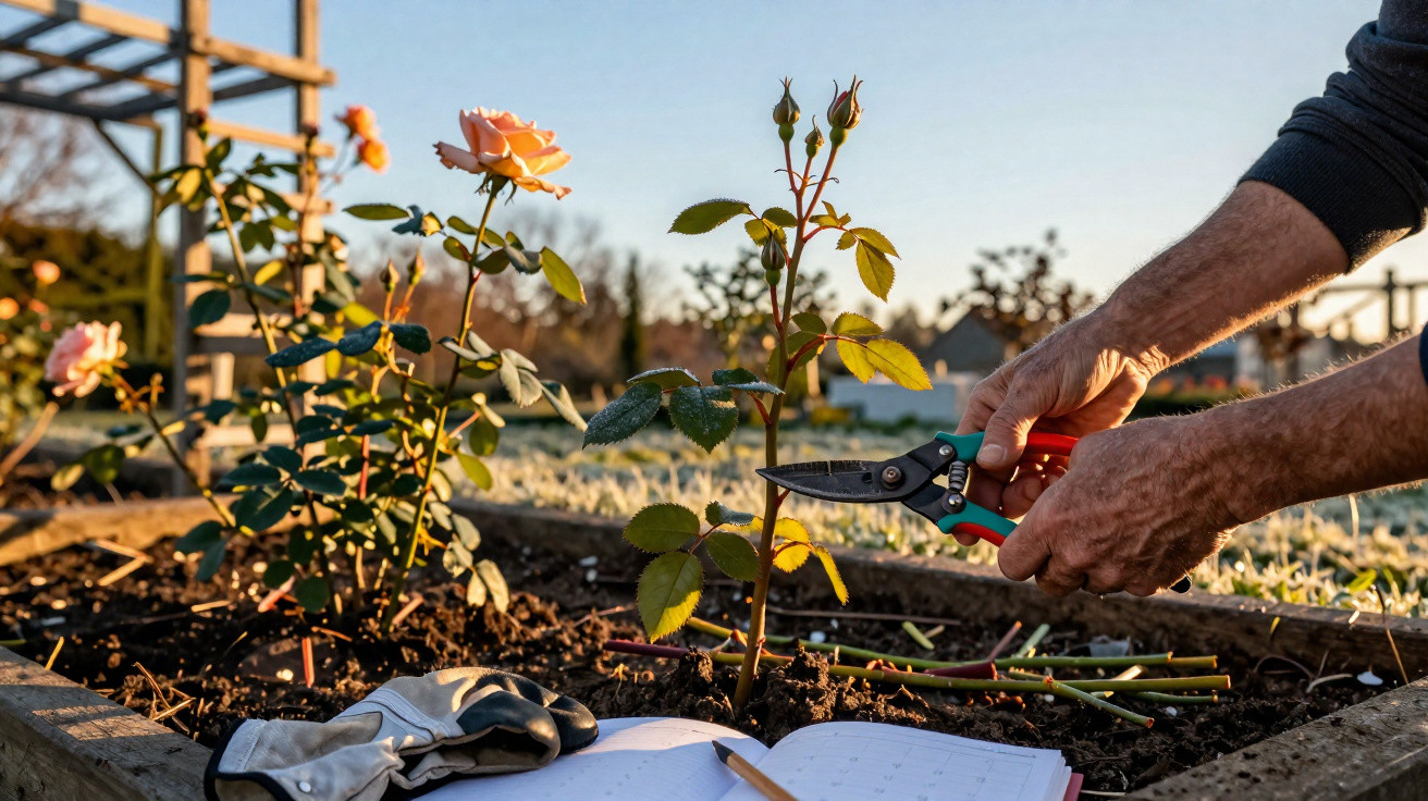 Hands pruning a rose plant in a garden bed with gardening gloves and a notebook nearby at sunrise.