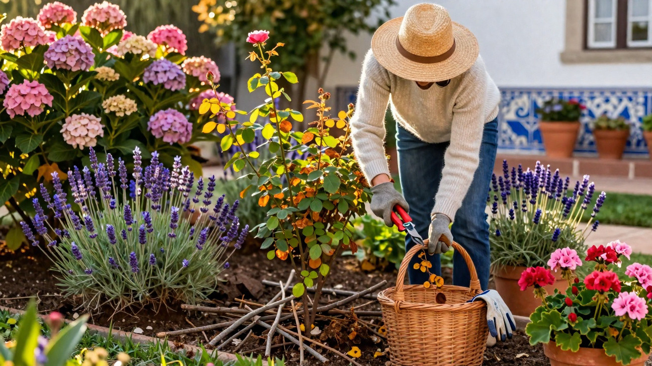 Person pruning rose bush in a colourful garden with lavender and hydrangeas, wearing a straw hat and gloves.