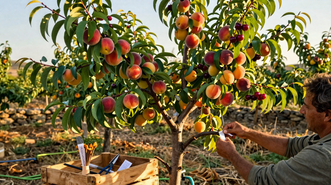 A man attaches a tag to a peach tree laden with ripe fruit in an orchard during golden hour.