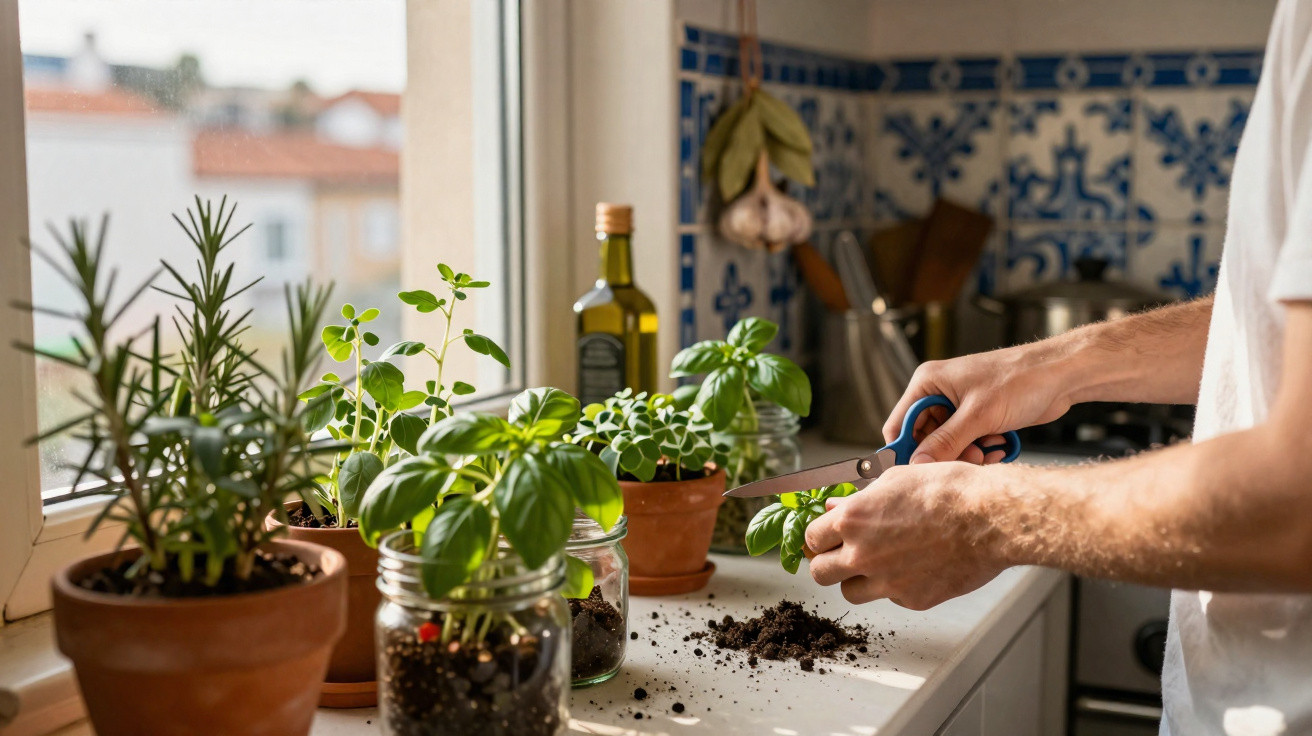 Person trimming fresh herbs on a kitchen windowsill filled with potted plants and gardening tools.