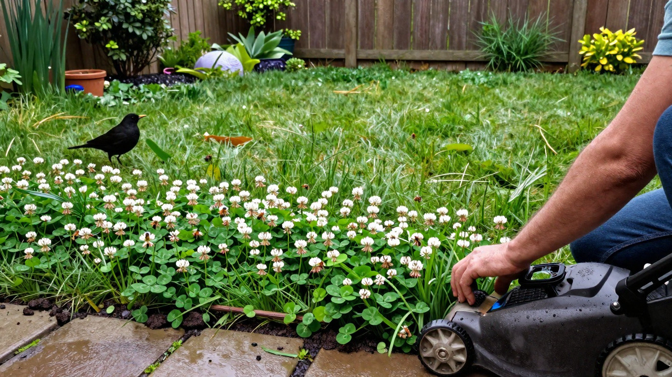 Person mowing a small garden with white clover flowers and a blackbird nearby on a wet patio.