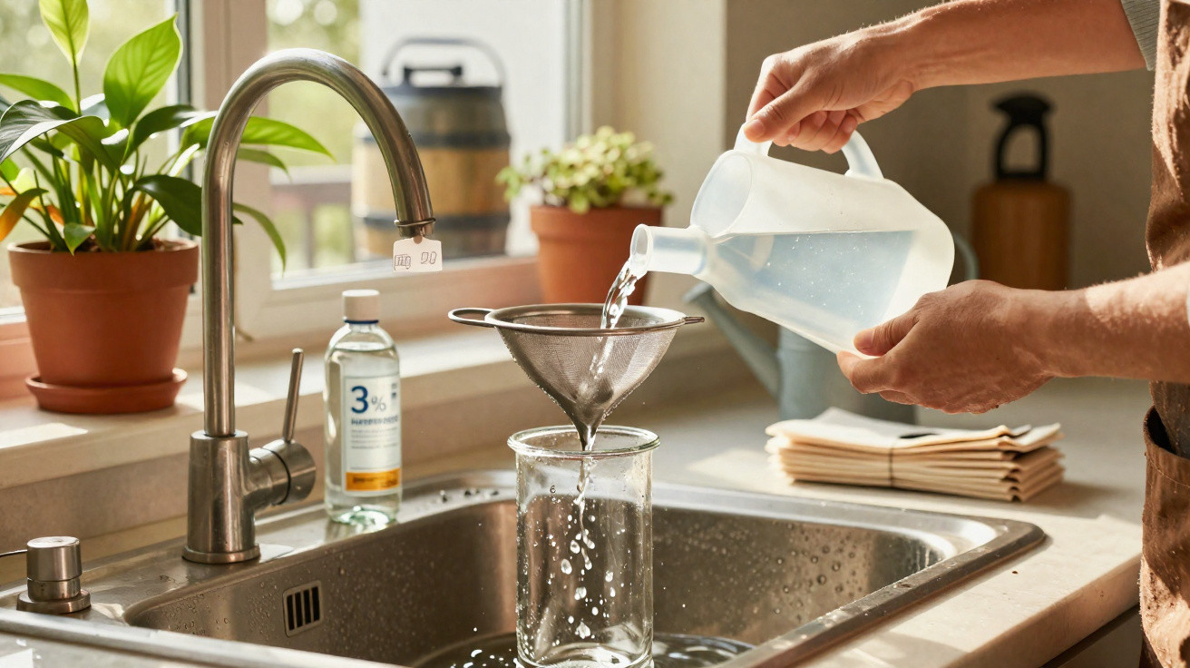 Person pouring water from a plastic jug through a metal strainer into a glass jar over a kitchen sink.