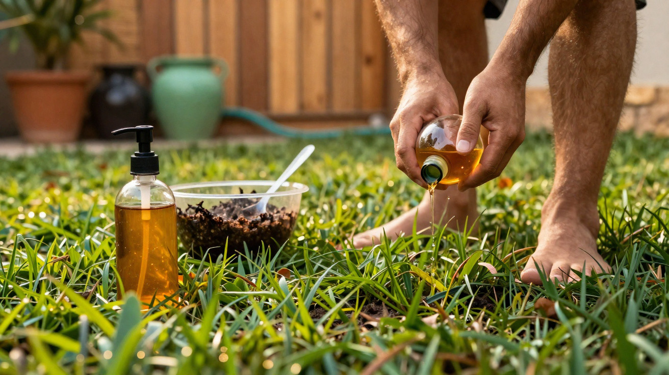 Person pouring liquid into grass with a bowl of soil mixture and a pump bottle nearby in a garden.