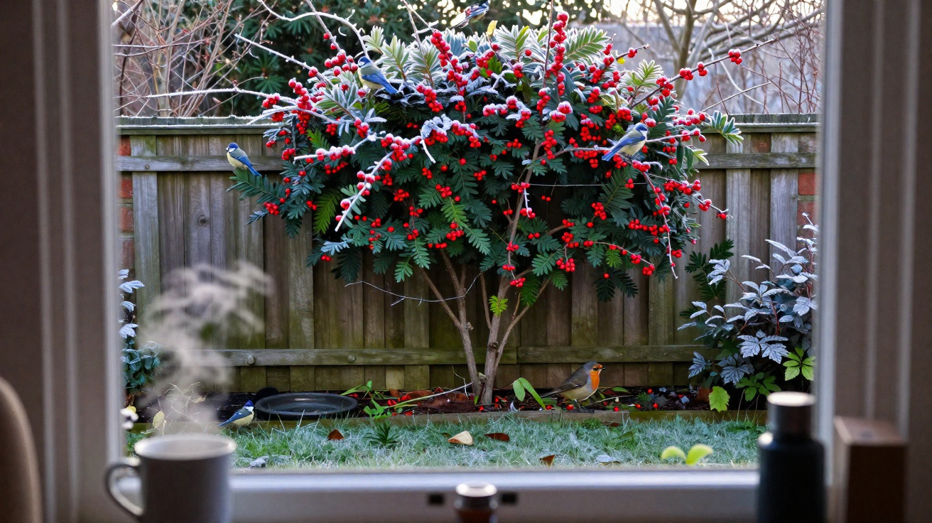 View from a window of a garden with a frosted tree bearing red berries and birds on the grass below.