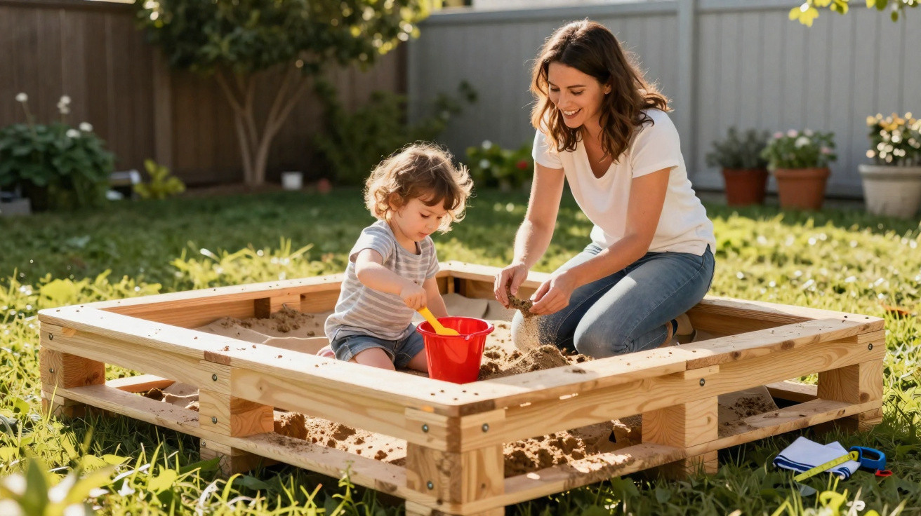 Mother and toddler playing with sand in a wooden sandbox in a sunny garden.