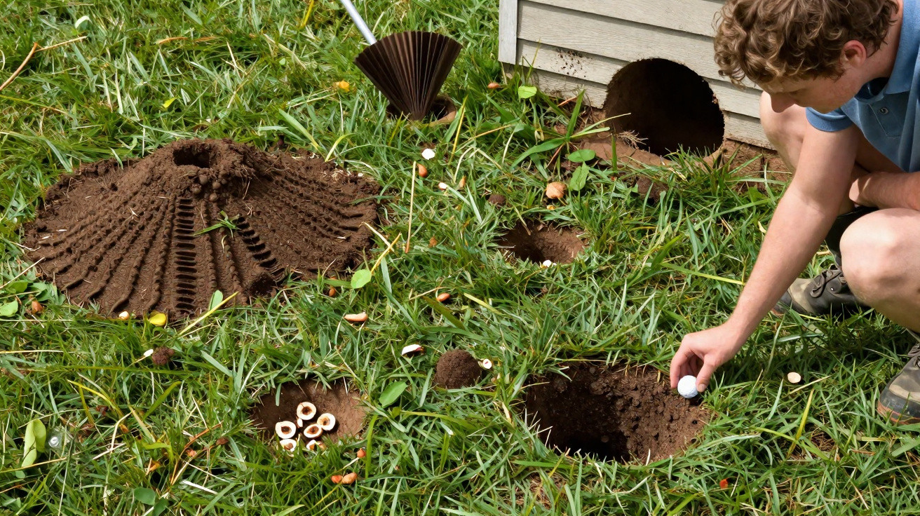 Person crouching beside multiple small, dug holes with mushroom growth in grassy yard near a building.