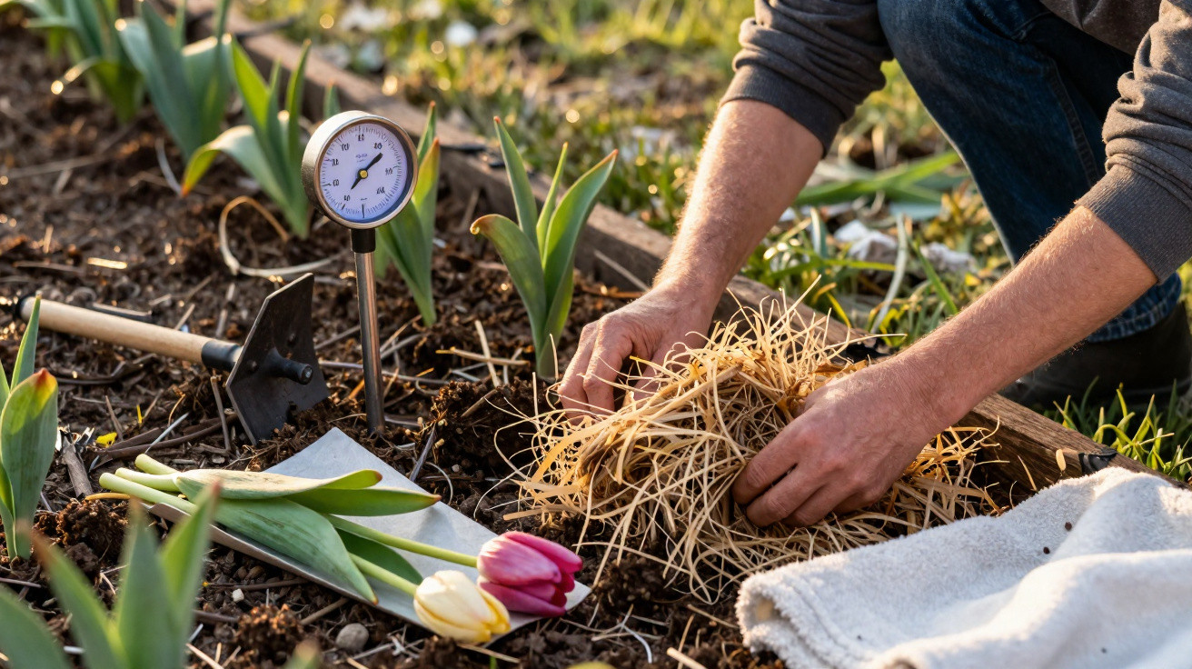 Hands arranging straw mulch around young tulip plants in a garden bed with a soil moisture meter nearby.