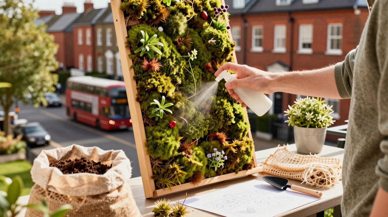 Person spraying water on a vertical garden with succulents and mosses on a balcony in a residential area.