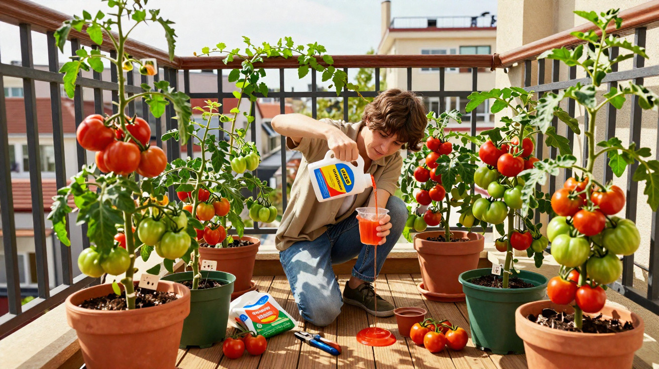 Person kneeling on balcony floor mixing fertiliser into water, surrounded by potted tomato plants with ripe and unripe fruits