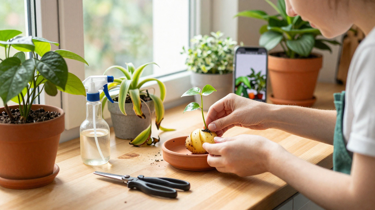 Person planting a small green seedling in a potato on a saucer by a window with potted plants.