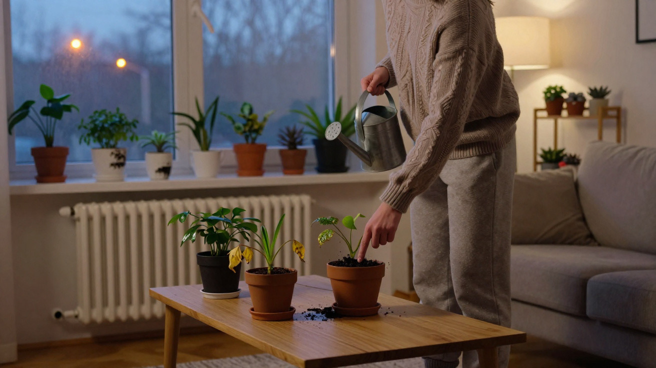 Person watering houseplants on a wooden table in a cozy living room at dusk.