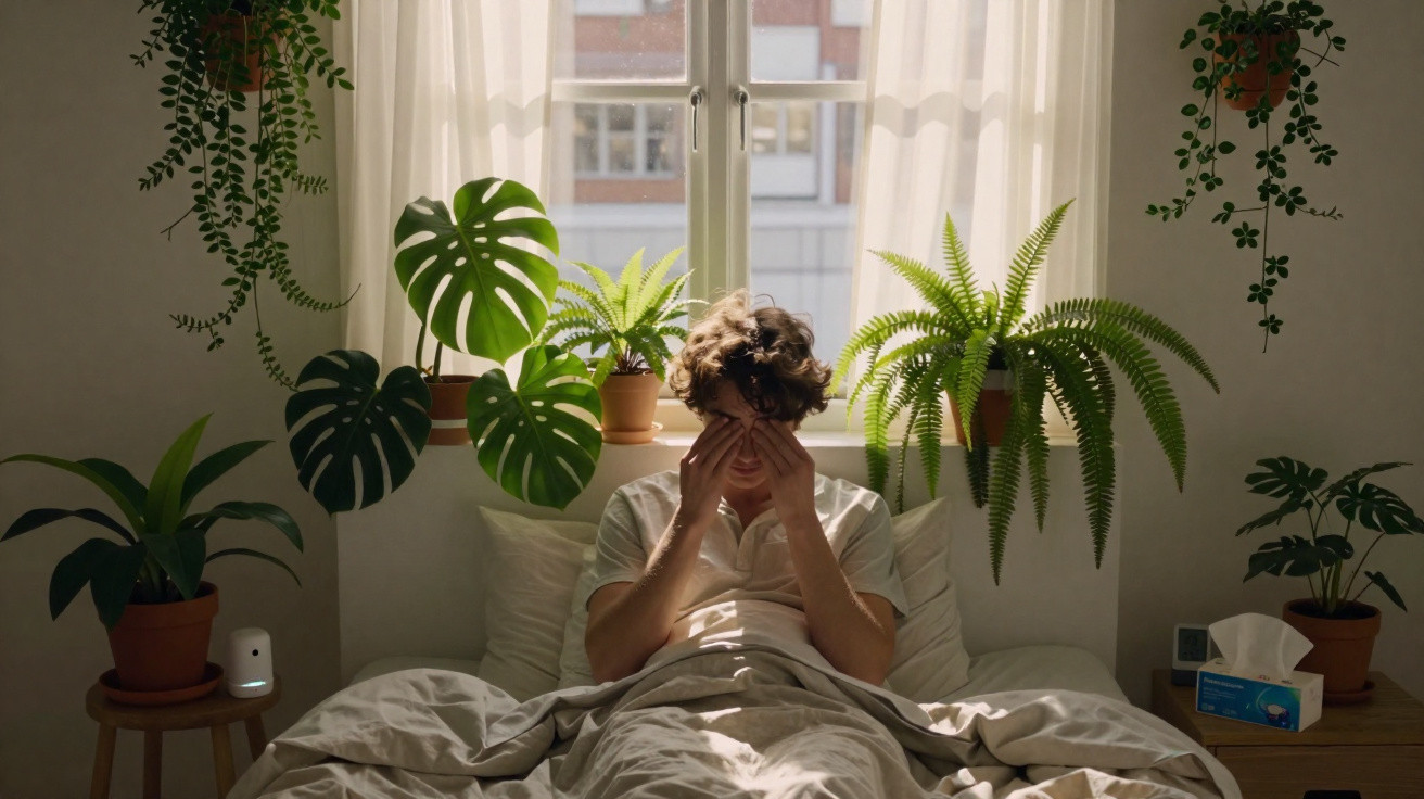 Person sitting up in bed rubbing their eyes surrounded by potted plants by a sunlit window.