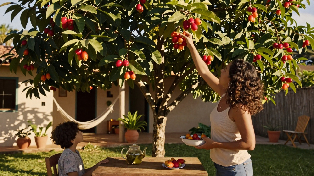 Woman picks ripe fruit from a tree while a child sits at a wooden table outdoors in a sunny garden.