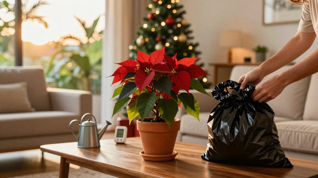 Person tying a black trash bag on a wooden table with a poinsettia plant and Christmas tree in the background.