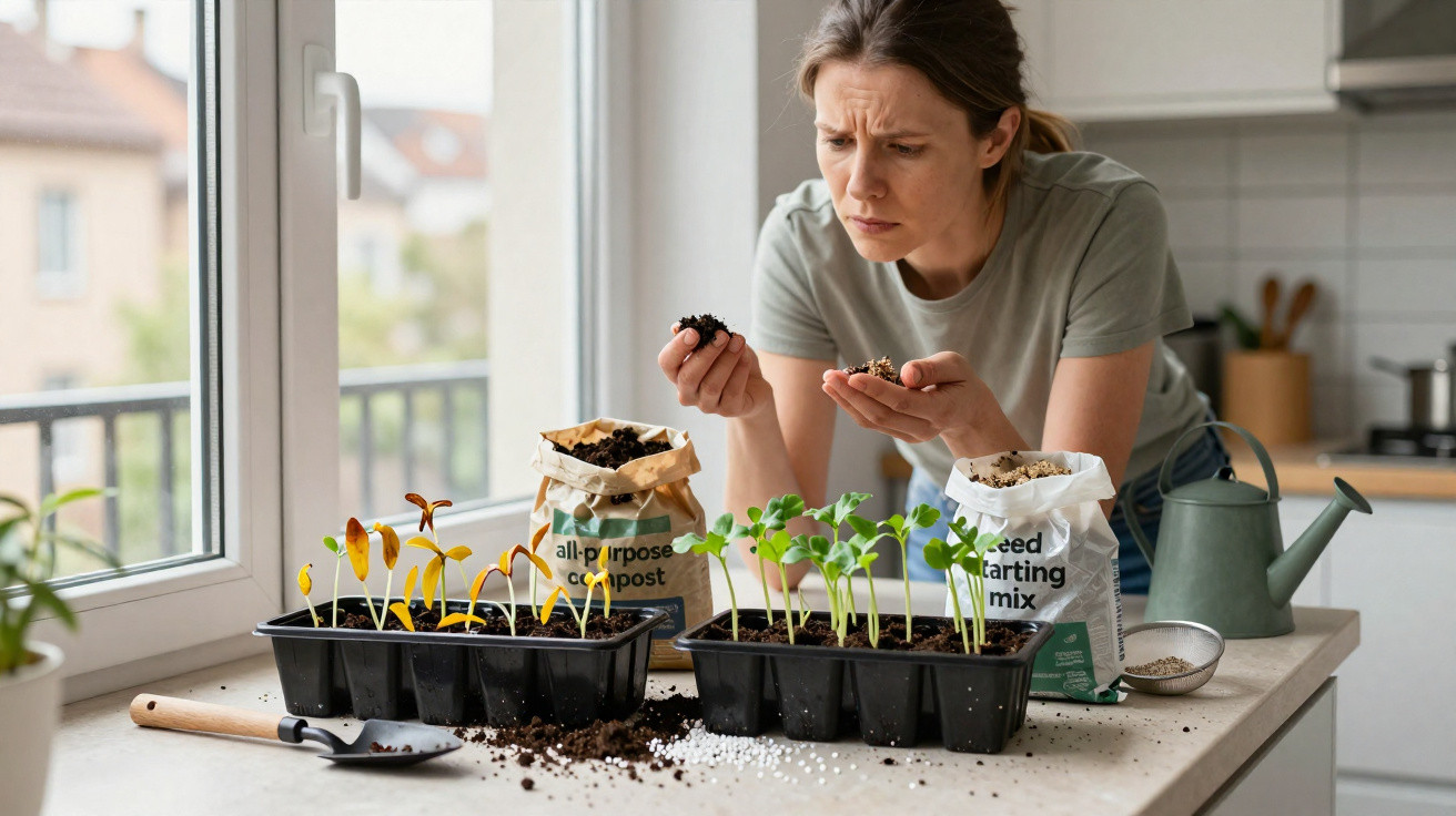 Woman examining compost and soil near seedling trays on kitchen table by window.