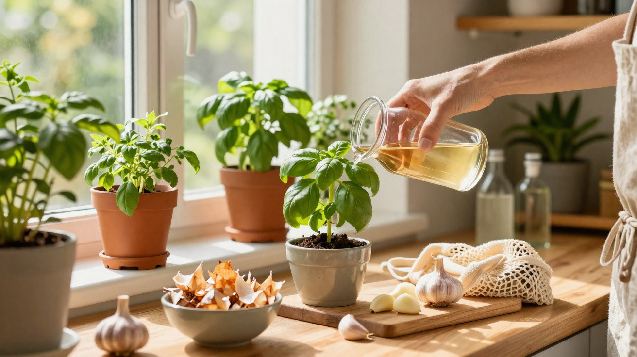 Hand pouring water into a basil plant on a kitchen windowsill with garlic and bowls on the counter.