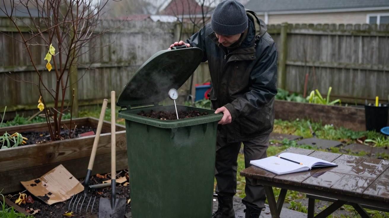 Person in rain gear checking temperature of compost in garden bin on a rainy day with notebook on table nearby