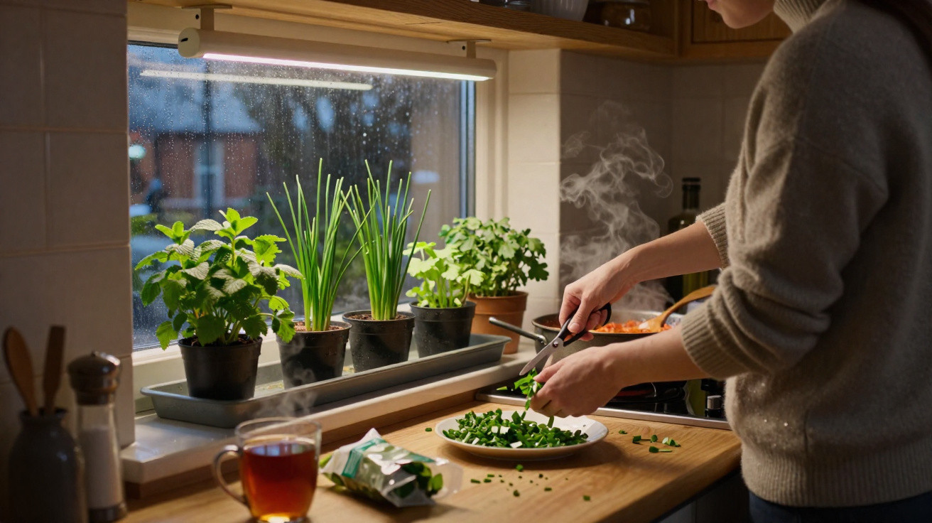 Person chopping fresh herbs on a wooden kitchen counter near a window with potted plants and a cup of tea.