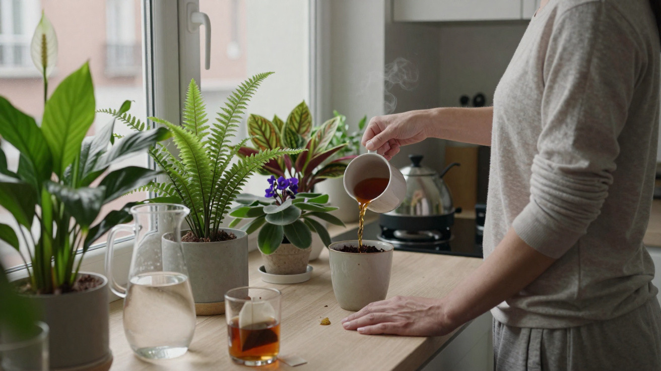 Person pouring tea into a plant pot on a kitchen counter surrounded by green houseplants and a glass of tea.