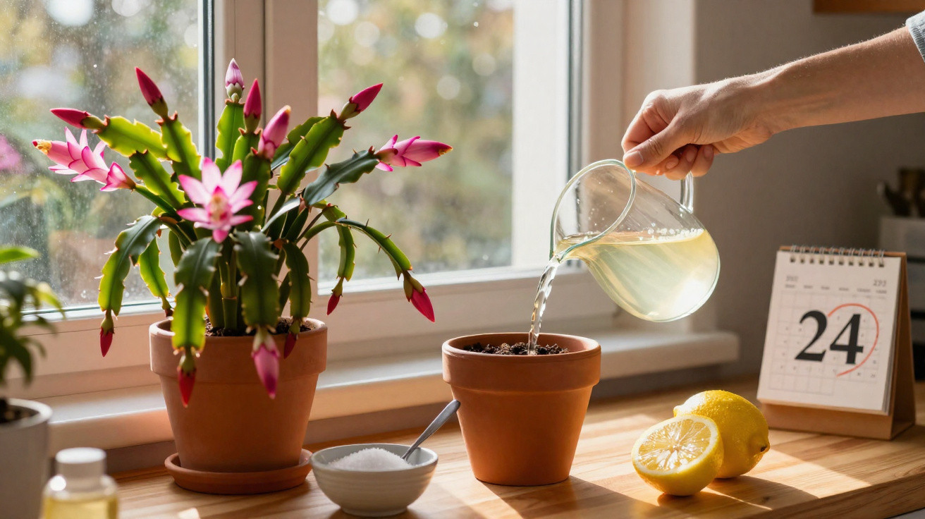 Hand pouring water from glass jug into small pot next to blooming cactus and lemons on wooden windowsill.