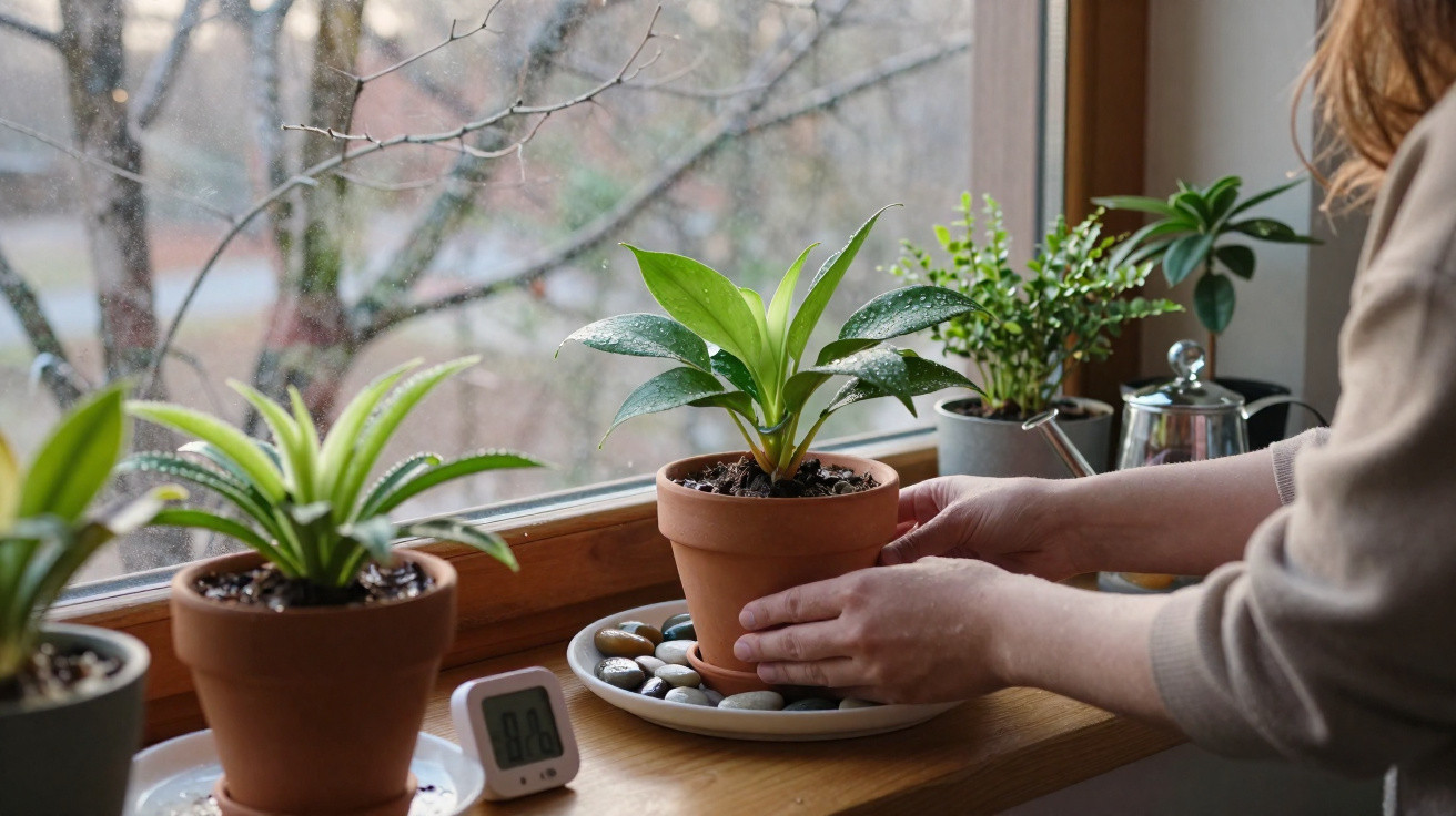 Person placing a small green houseplant in a terracotta pot on a saucer by a window with other plants nearby.
