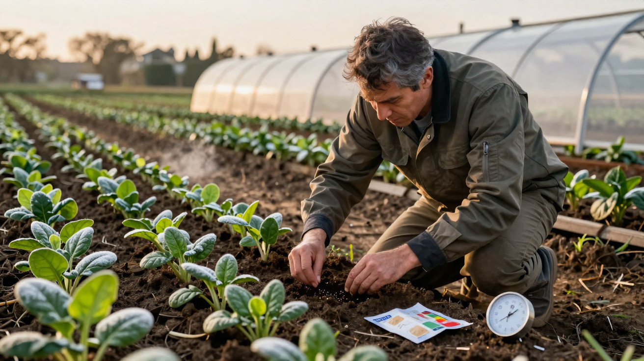 Man planting seeds in soil on a vegetable farm with green crops and plastic greenhouse in background.