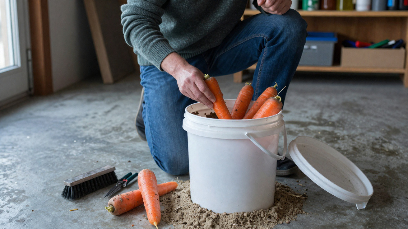 Person cleaning freshly harvested carrots in a white bucket on a concrete floor with gardening tools nearby.