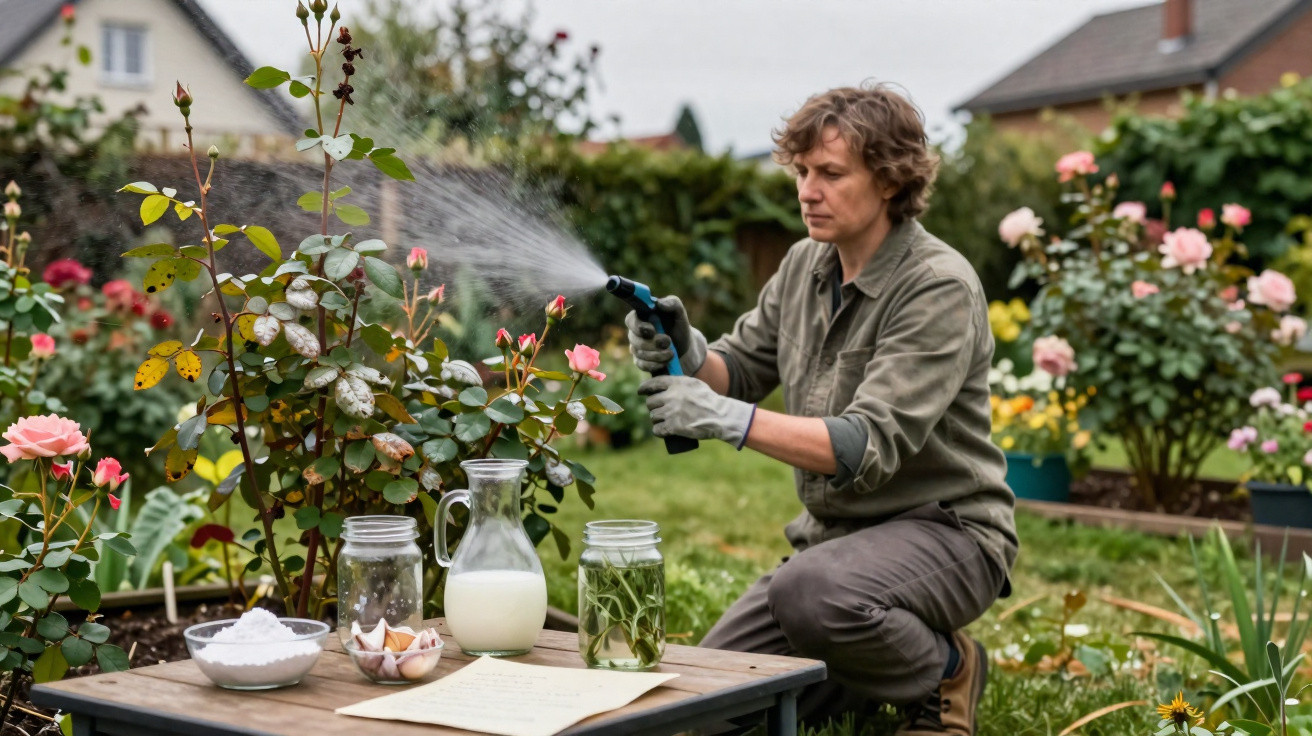 Person watering rose plants in a garden with jars of gardening ingredients on a table nearby.