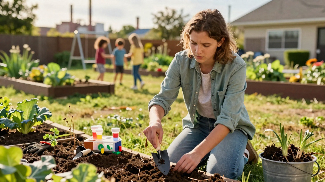 Young woman gardening with a small trowel in an urban community garden on a sunny day.