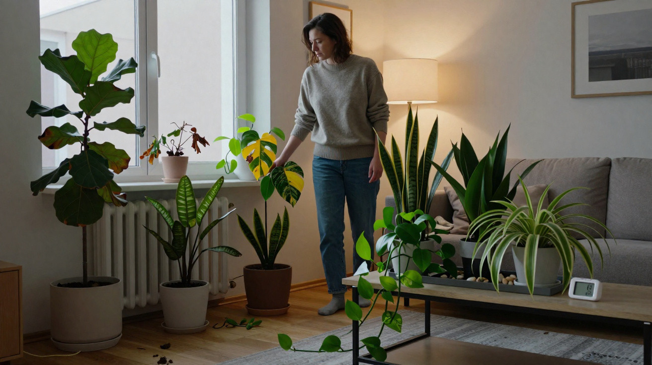 Woman tending to various indoor potted plants in a cosy living room with natural and warm lighting.